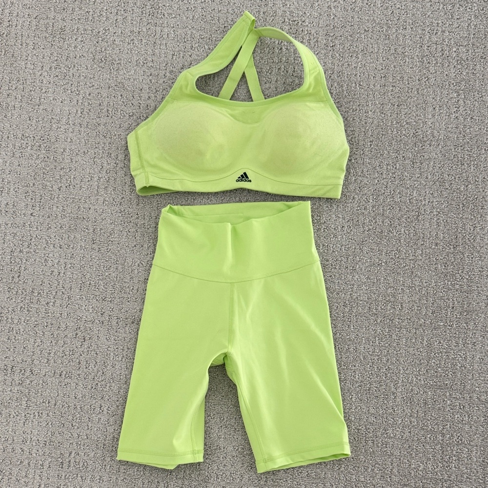 adidas Women's Bright Green Sports Bra and Shorts Set
